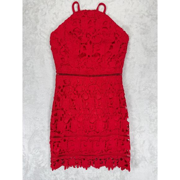 Cefian Dresses & Skirts - Cefian Red Lace Halter Dress Small Sheath Cocktail Wedding Guest Date Night